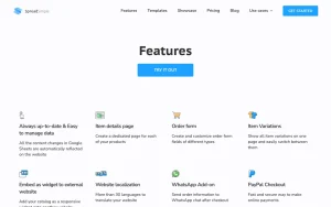 SpreadSimple features page — screenshot of the productivity & writing AI tool, 2026-10-02