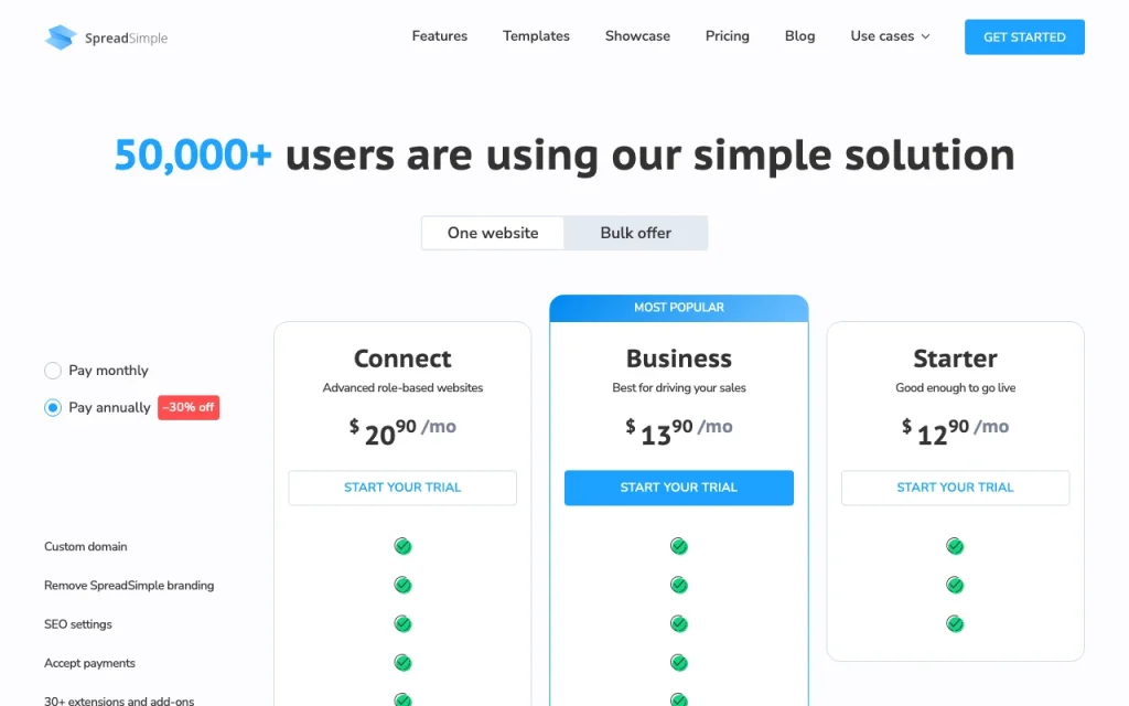 SpreadSimple page de tarifs avec offres et prix — capture d'écran de l'outil d'IA productivité et rédaction, Oct 2, 2026