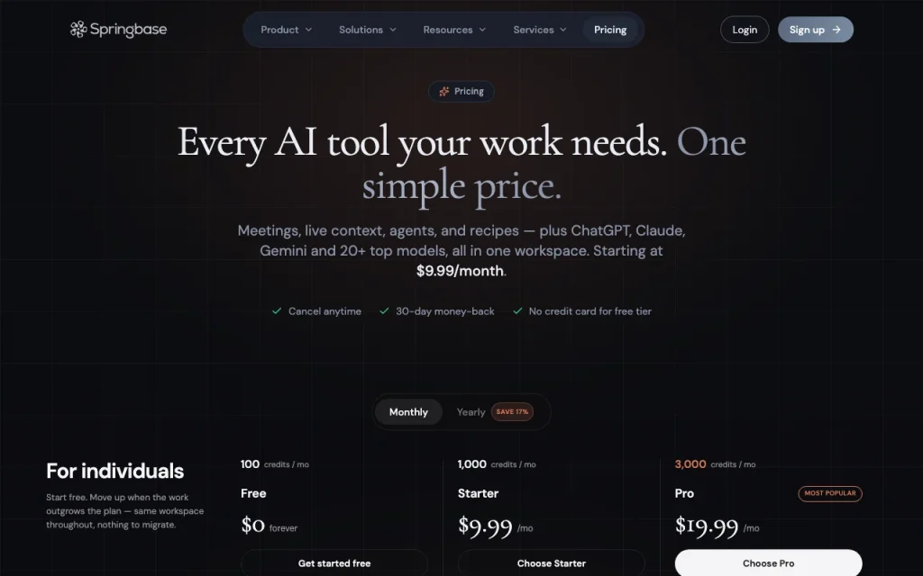 Springbase pricing page with plans and prices — screenshot of the chat assistants AI tool, Oct 2, 2026