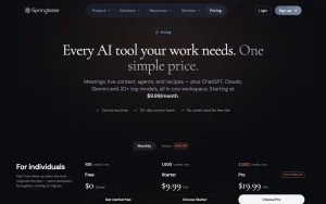 Springbase (listed as Springhub) pricing page with plans and prices — screenshot of the chat assistants AI tool, 2026-10-02