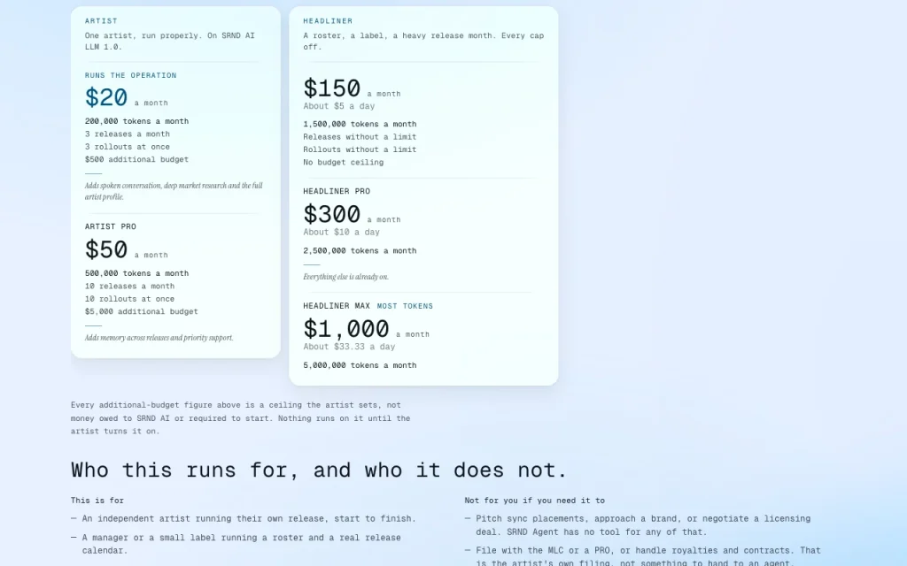 SRND AI pricing page with plans and prices — screenshot of the productivity & writing AI tool, Oct 2, 2026