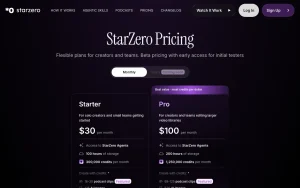StarZero pricing page with plans and prices — screenshot of the video AI tool, 2026-10-02