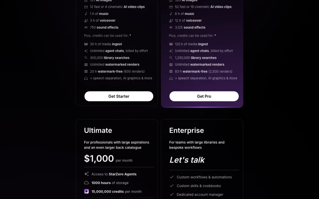 StarZero page de tarifs avec offres et prix — capture d'écran de l'outil d'IA vidéo, Oct 2, 2026
