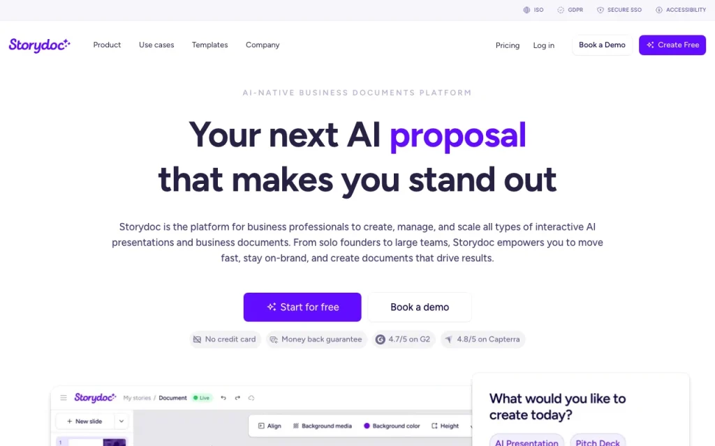 Storydoc homepage screenshot, productivity & writing AI tool