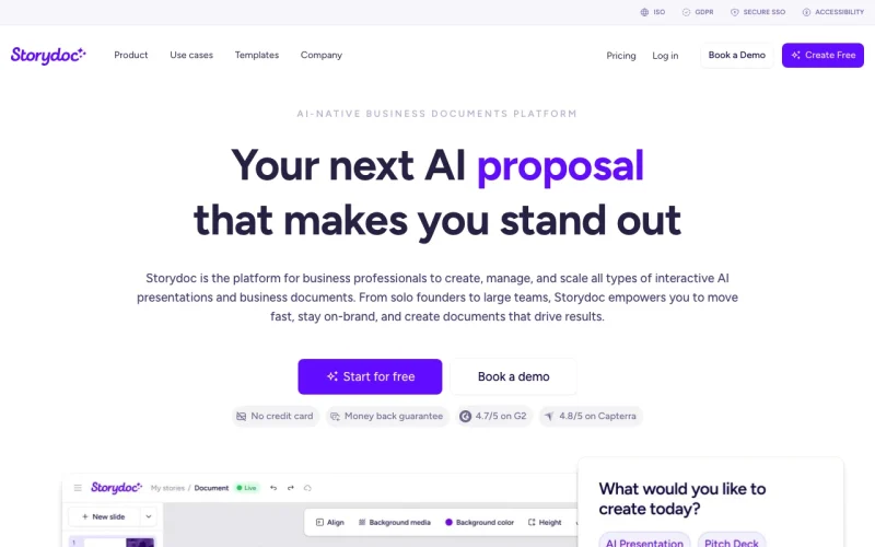 Storydoc homepage screenshot, productivity & writing AI tool