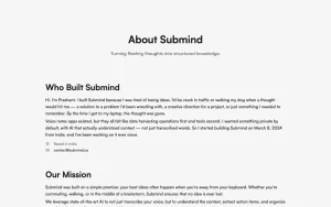 Submind about page — screenshot of the productivity & writing AI tool, 2026-10-02
