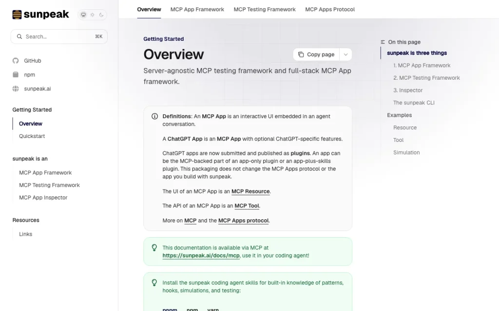 sunpeak documentation — screenshot of the coding AI tool, Oct 2, 2026