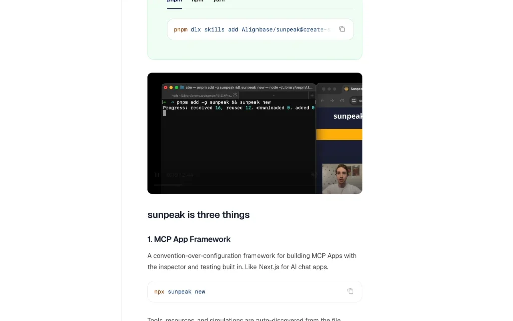 sunpeak documentation — screenshot of the coding AI tool, Oct 2, 2026