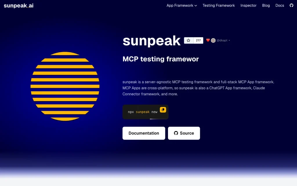 sunpeak page d'accueil — capture d'écran de l'outil d'IA programmation, Oct 2, 2026