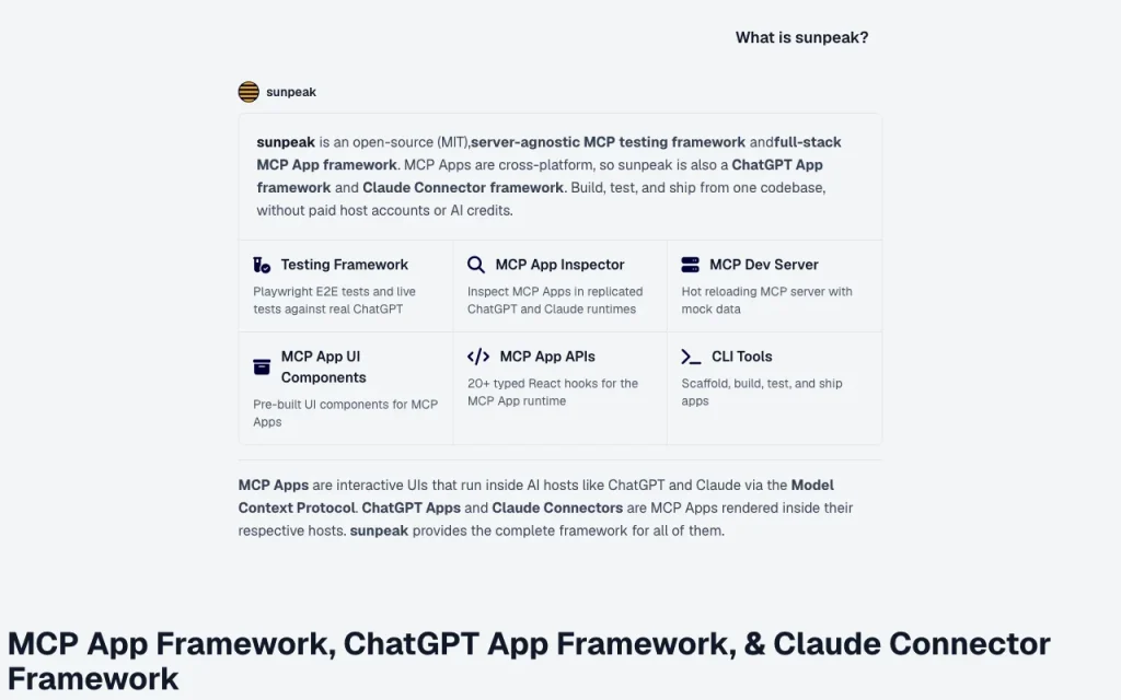 sunpeak homepage — screenshot of the coding AI tool, Oct 2, 2026