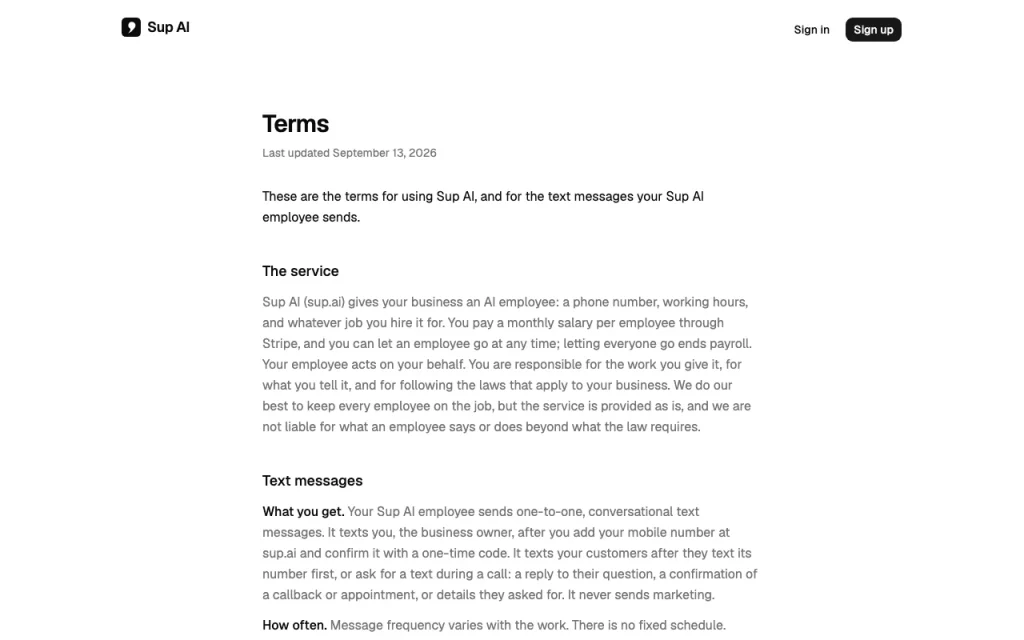 Sup AI page de tarifs avec offres et prix — capture d'écran de l'outil d'IA productivité et rédaction, Oct 2, 2026