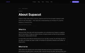 Supacut about page — screenshot of the productivity & writing AI tool, 2026-10-02