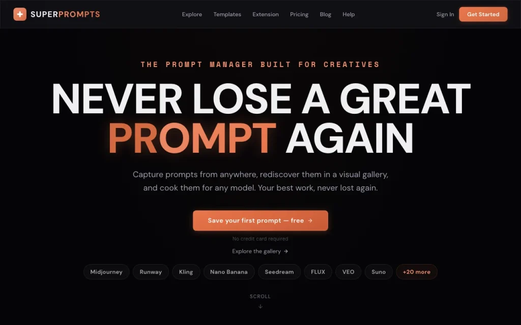 Super Prompts homepage — screenshot of the productivity & writing AI tool, Oct 1, 2026