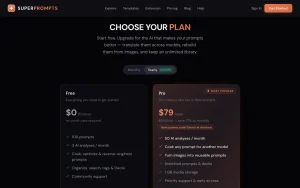 Super Prompts pricing page homepage screenshot, productivity & writing AI tool