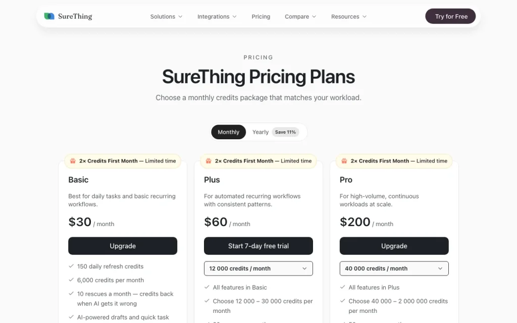 SureThing página de precios con planes y precios — captura de pantalla de la herramienta de IA productividad y escritura, Oct 1, 2026