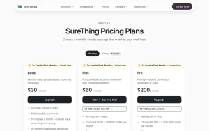 SureThing pricing page homepage screenshot, productivity & writing AI tool