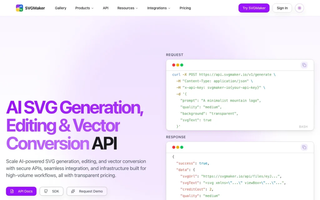 SVGMaker API documentation — screenshot of the image generation AI tool, Oct 2, 2026