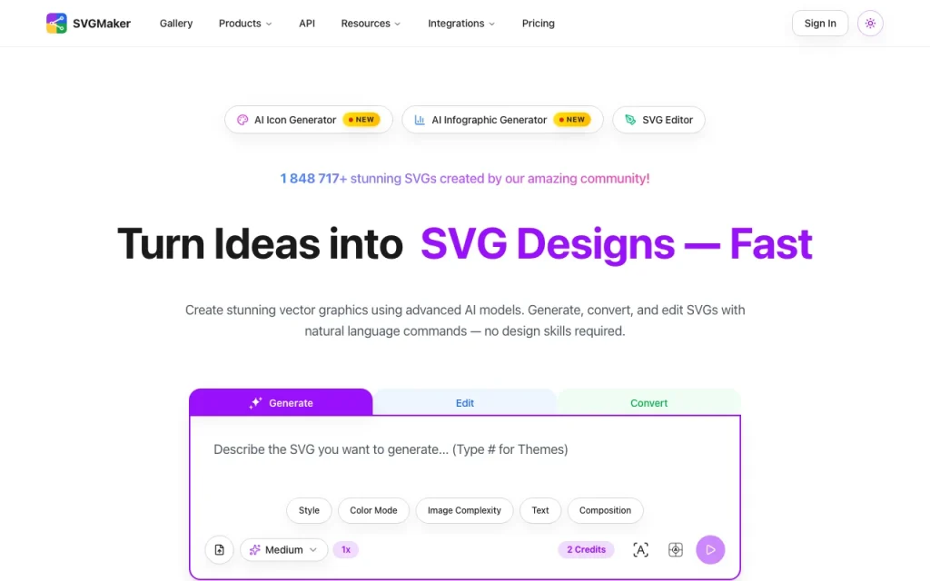 SVGMaker homepage screenshot, image generation AI tool