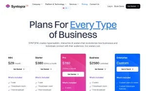 SYNTOPIA pricing page with plans and prices — screenshot of the productivity & writing AI tool, 2026-10-02