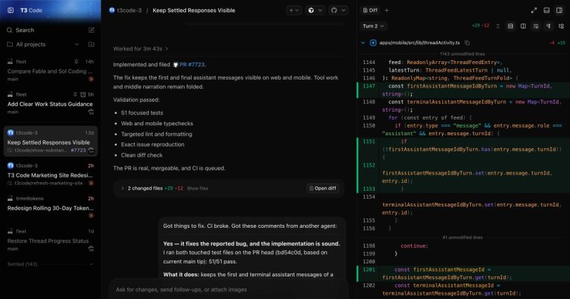 Capture d'écran de la page d'accueil de T3 Code, outil d'IA programmation