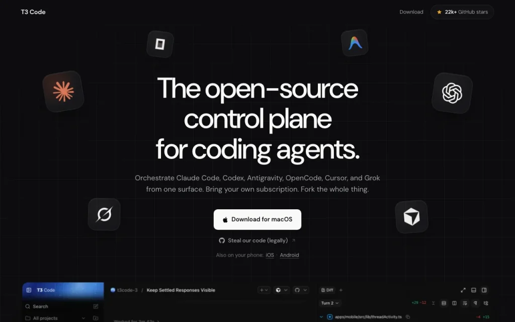 T3 Code page d'accueil — capture d'écran de l'outil d'IA programmation, Oct 1, 2026