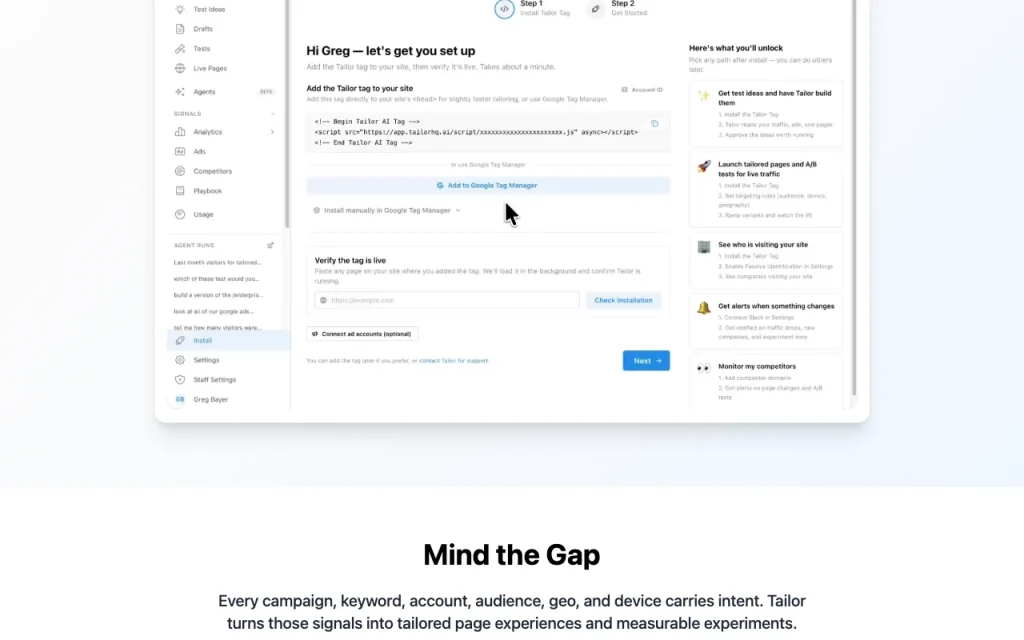 Tailor AI página principal — captura de pantalla de la herramienta de IA productividad y escritura, Oct 1, 2026