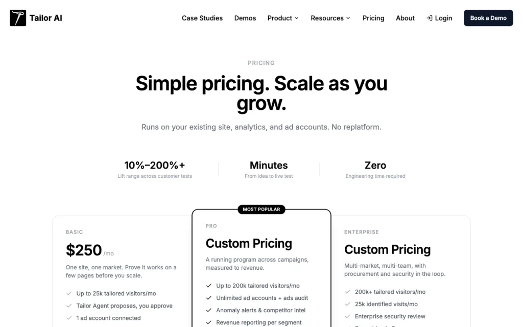 Tailor AI page de tarifs avec offres et prix — capture d'écran de l'outil d'IA productivité et rédaction, Oct 1, 2026