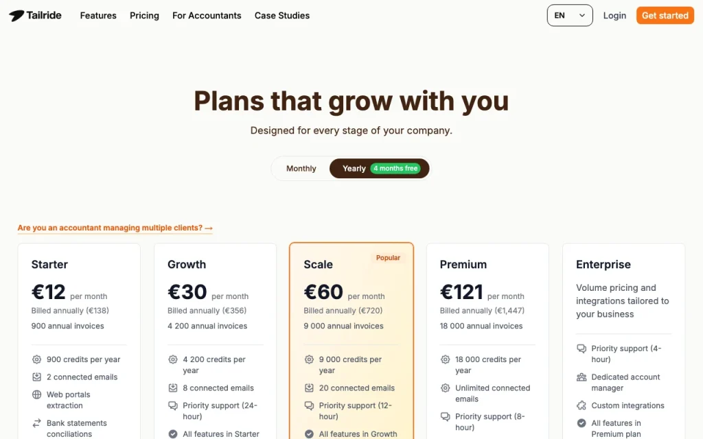 Tailride page de tarifs avec offres et prix — capture d'écran de l'outil d'IA productivité et rédaction, Oct 2, 2026