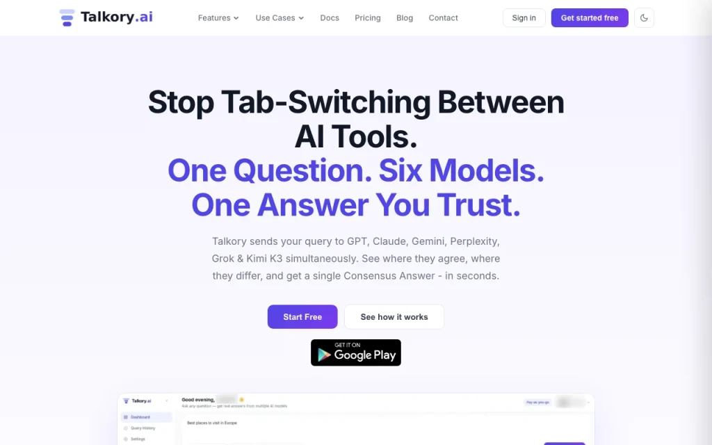 Talkory.ai Startseite – Screenshot des KI-Tools chat-assistenten, Oct 1, 2026