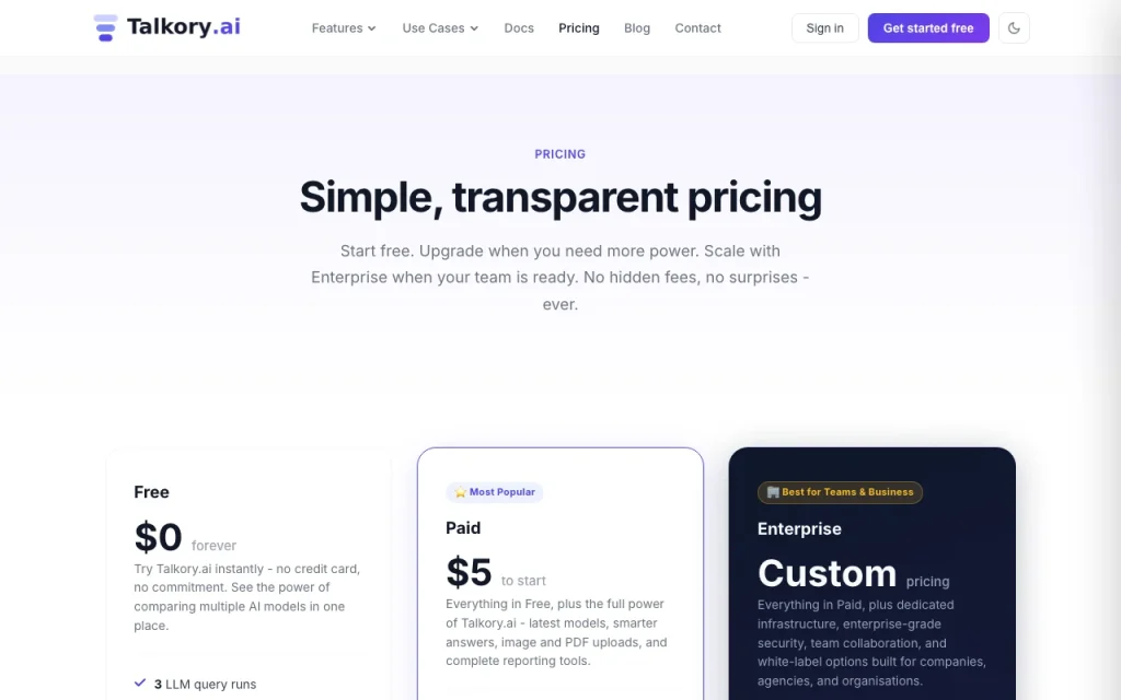 Talkory.ai pricing page with plans and prices — screenshot of the chat assistants AI tool, Oct 1, 2026