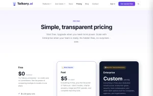 Talkory.ai pricing page with plans and prices — screenshot of the chat assistants AI tool, 2026-10-01