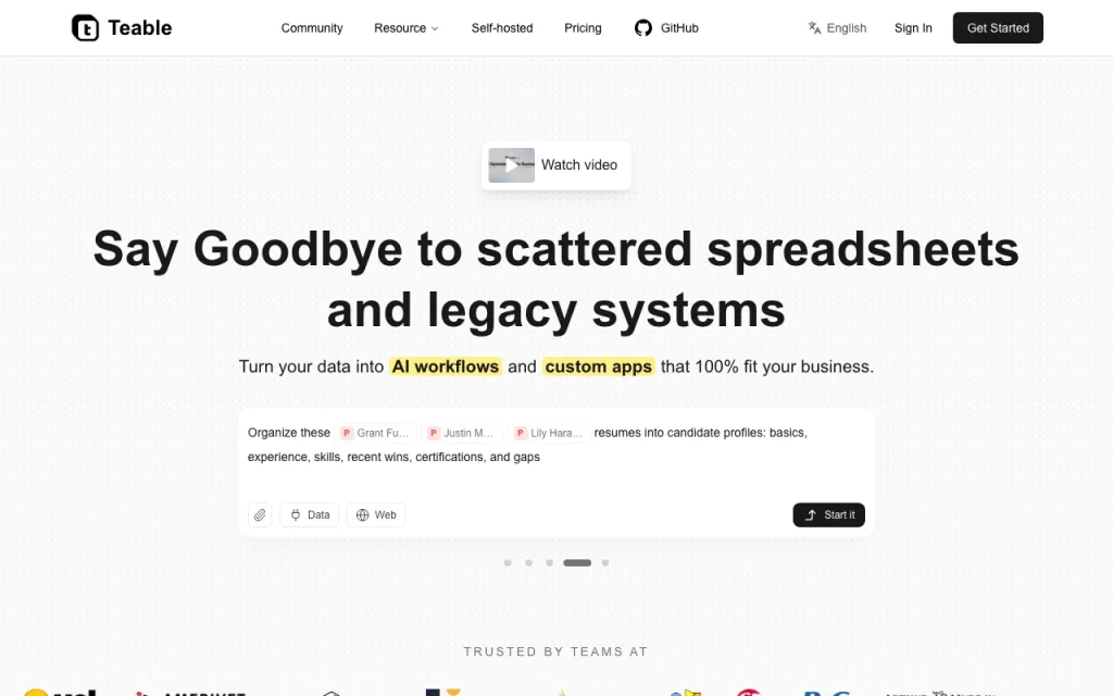 Teable Startseite – Screenshot des KI-Tools produktivität & schreiben, Oct 1, 2026