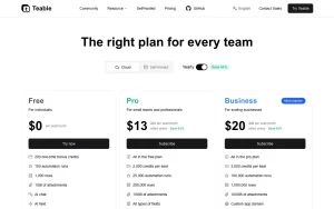 Teable pricing page with plans and prices — screenshot of the productivity & writing AI tool, 2026-10-01