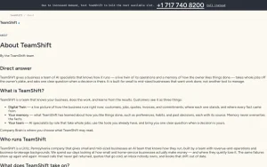 TeamShift about page — screenshot of the productivity & writing AI tool, 2026-10-02