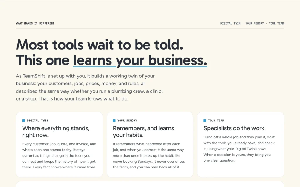 TeamShift homepage — screenshot of the productivity & writing AI tool, Oct 2, 2026