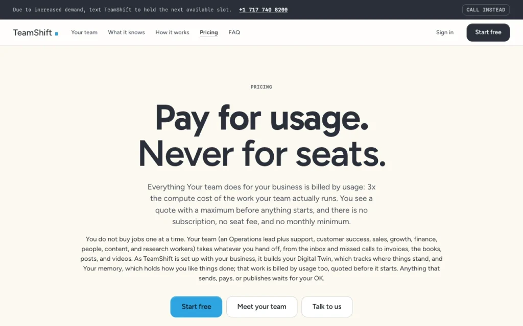 TeamShift pricing page with plans and prices — screenshot of the productivity & writing AI tool, Oct 2, 2026