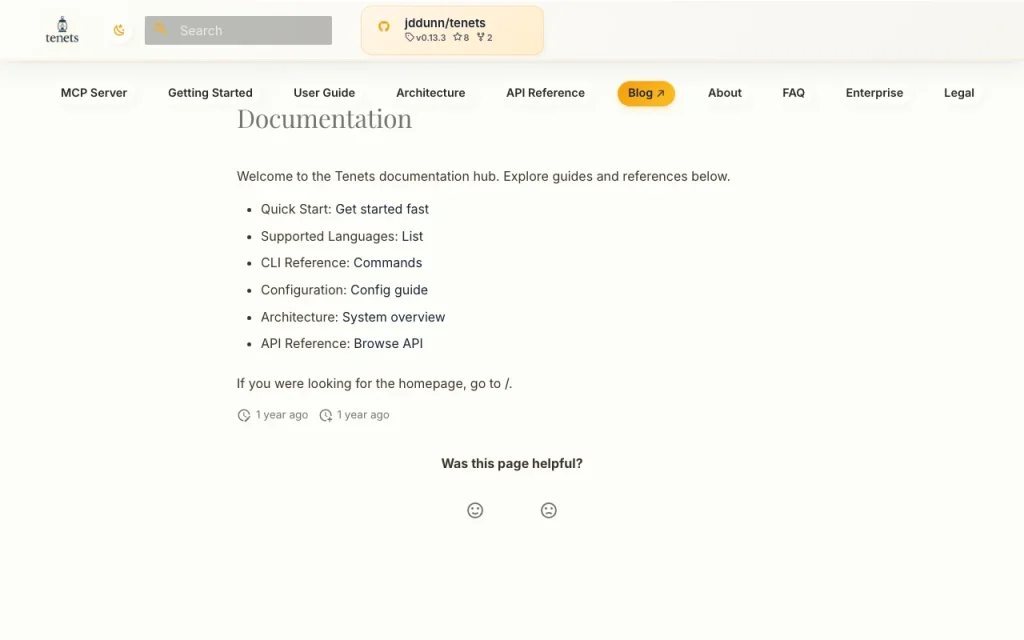 Tenets documentation — screenshot of the coding AI tool, Oct 2, 2026