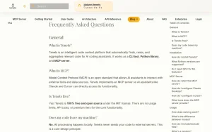Tenets FAQ page — screenshot of the coding AI tool, 2026-10-02