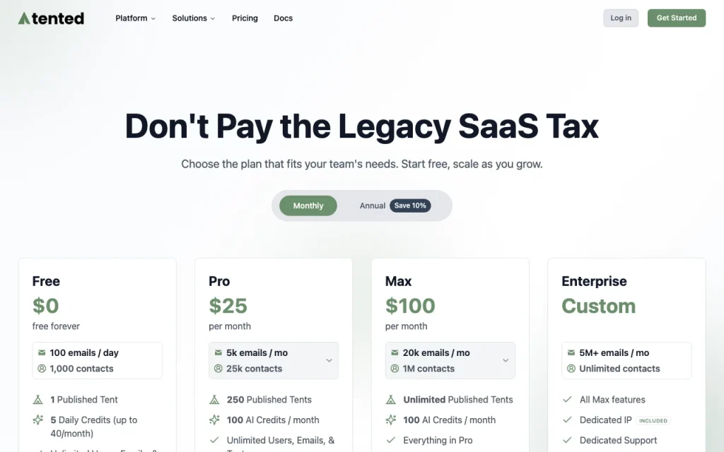 Tented pricing page with plans and prices — screenshot of the productivity & writing AI tool, Oct 2, 2026
