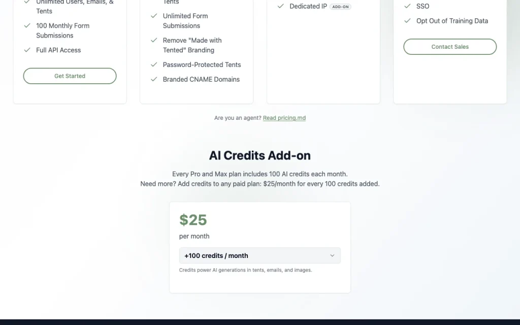 Tented pricing page with plans and prices — screenshot of the productivity & writing AI tool, Oct 2, 2026
