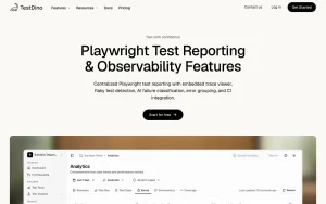TestDino features page — screenshot of the coding AI tool, 2026-10-02