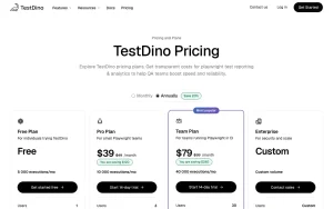 TestDino pricing page with plans and prices — screenshot of the coding AI tool, 2026-10-02