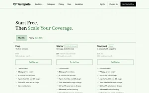 TestSprite pricing page with plans and prices — screenshot of the coding AI tool, 2026-10-02