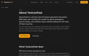 TextureFast about page — screenshot of the image generation AI tool, 2026-10-02