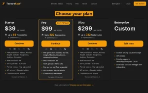 TextureFast pricing page with plans and prices — screenshot of the image generation AI tool, 2026-10-02