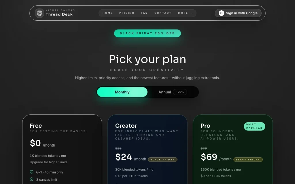 Thread Deck pricing page with plans and prices — screenshot of the productivity & writing AI tool, Oct 2, 2026