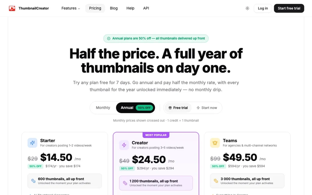 ThumbnailCreator pricing page with plans and prices — screenshot of the image generation AI tool, Oct 2, 2026