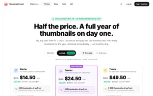 ThumbnailCreator pricing page with plans and prices — screenshot of the image generation AI tool, 2026-10-02