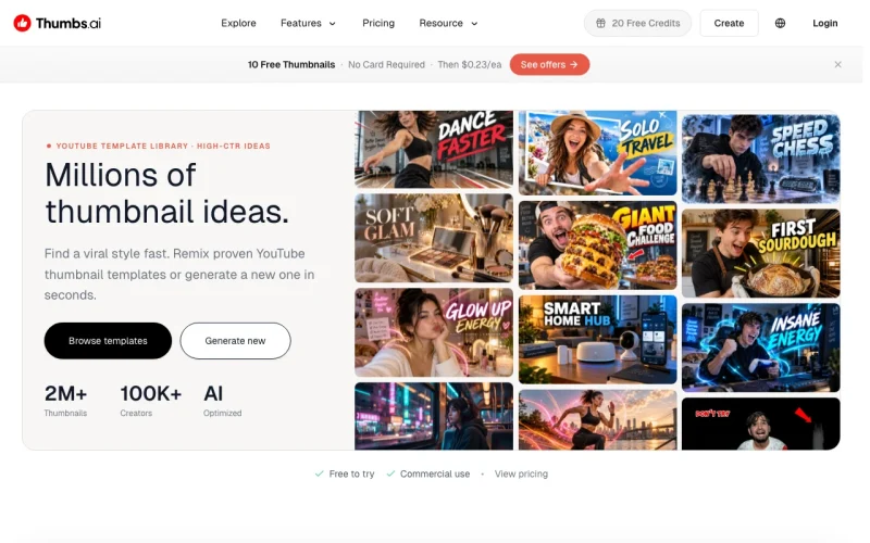 Thumbs.ai Startseite, Screenshot, KI-Tool bilderzeugung