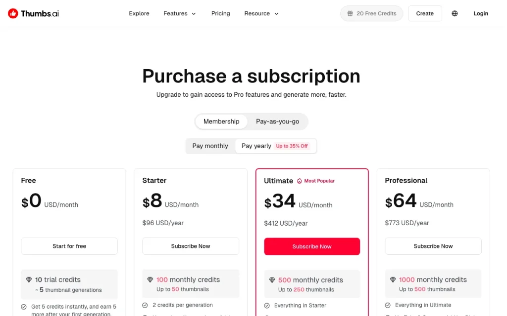Thumbs.ai pricing page with plans and prices — screenshot of the image generation AI tool, Oct 1, 2026